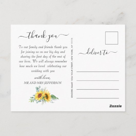 Elegante Sonnenblumen Hochzeit Blumenflora Danke F Postkarte (Rückseite)
