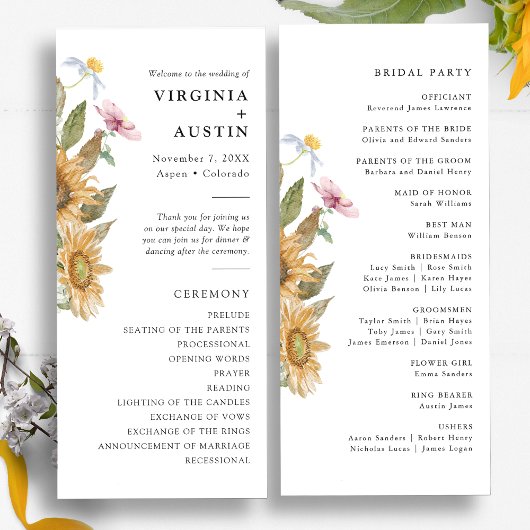 Elegante Sonnenblumen-Hochzeit Programm