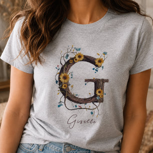 Elegante Sonnenblumen-Monogramm G: Reben & sanfte T-Shirt
