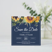 Elegante Sonnenblumen Navy Blue Floral Hochzeit Save The Date (Stehend Vorderseite)