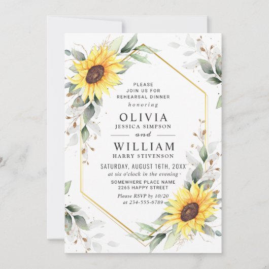 Elegante Sonnenblumen Probe Abendessen Einladung (Vorderseite)