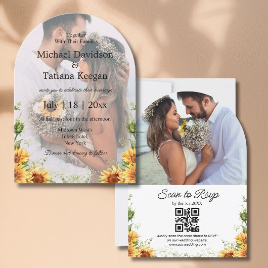 Elegante Sonnenblumen qr Code 2 Foto Boardhochzeit Einladung