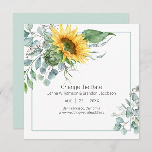 Elegante Sonnenblumen und Eukalyptus Ändern Sie da Save The Date (Vorne/Hinten)