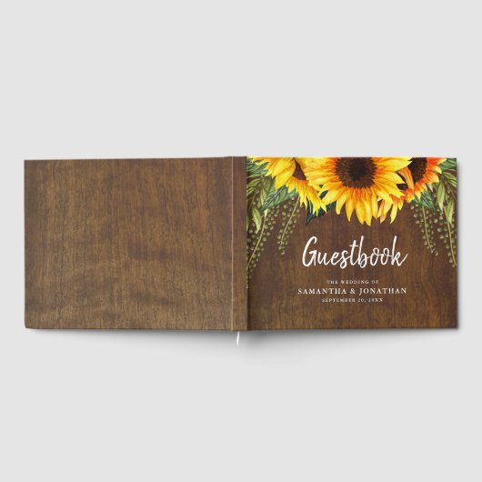 Elegante Sonnenblumen und Foliage Rustic Wood Wedd Gästebuch (Voll)