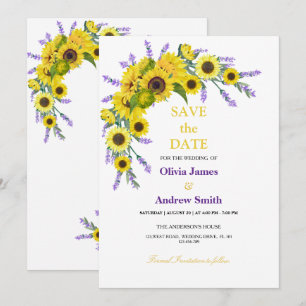 Elegante Sonnenblumen- und Lavendel-Hochzeit "Save Save The Date