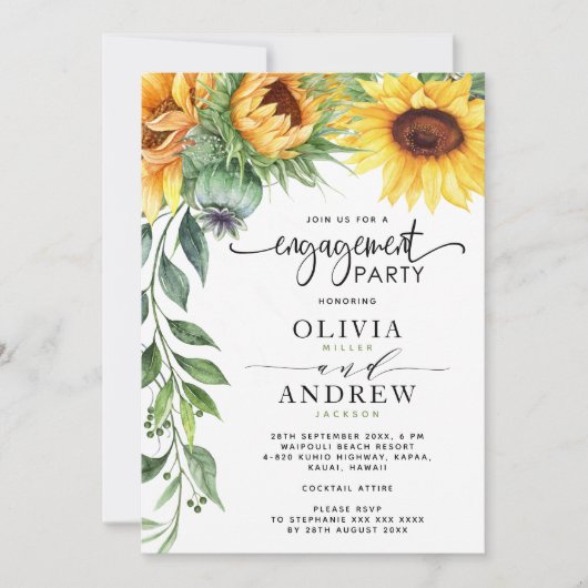 Elegante Sonnenblumen Wasserfarbe Moderne Verlobun Einladung (Vorderseite)
