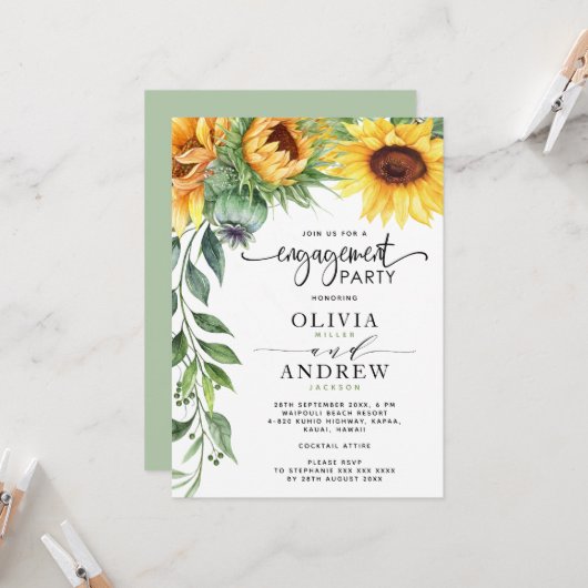 Elegante Sonnenblumen Wasserfarbe Moderne Verlobun Einladung (Vorderseite/Rückseite Beispiel)