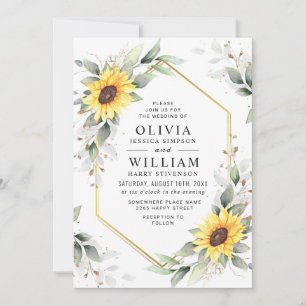 Elegante Sonnenblumen Watercolor Grüne Hochzeit Einladung