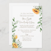 Elegante Sonnenblumenblätterung Gold Text Hochzeit Einladung (Vorne/Hinten)