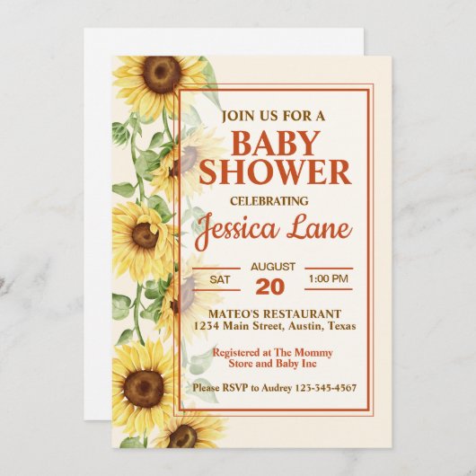 Elegante Sonnenblumendusche Einladung (Vorne/Hinten)