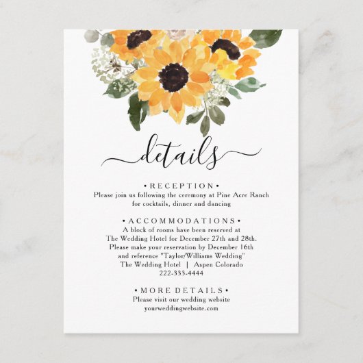 Elegante Sonnenblumengrün Details Hochzeiten Begleitkarte (Vorderseite)