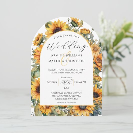 Elegante Sonnenblumenhochzeit Einladung (Stehend Vorderseite)
