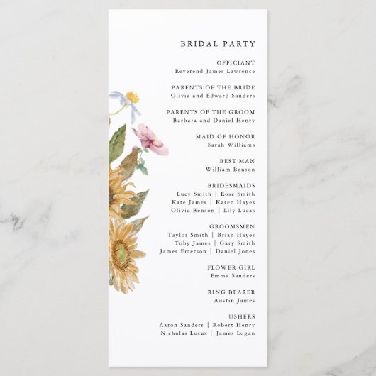 Elegante Sonnenblumenhochzeit Programm (Rückseite)