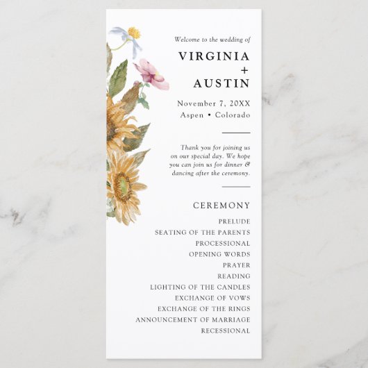 Elegante Sonnenblumenhochzeit Programm (Vorderseite)