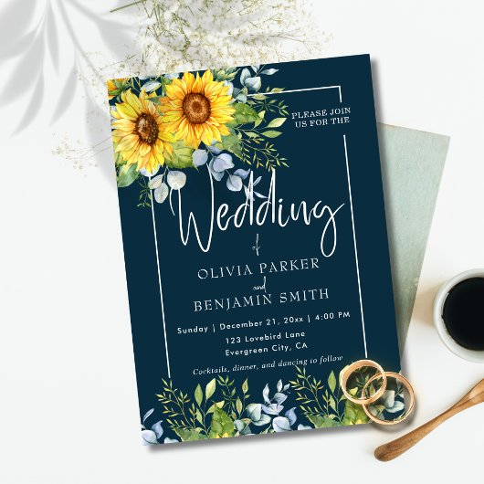 Elegante Sonnenblumenkalligrafie Navy Blue Wedding Einladung