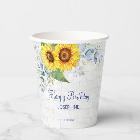 Elegante Sonnenblumenmauer Brick Floral Geburtstag Pappbecher (Vorderseite)