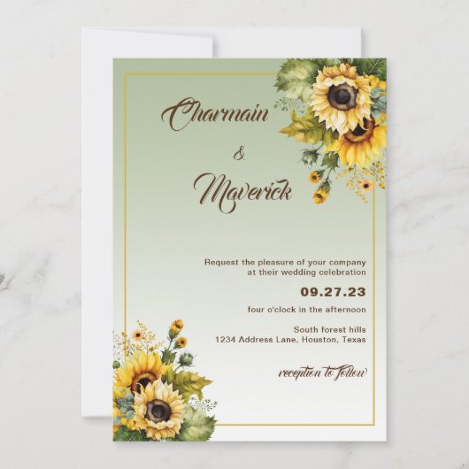 Elegante Sonnenblumensage Grüne Sommerhochzeit Einladung (Vorderseite)