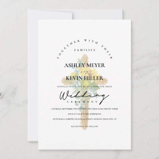 Elegante Sonnenblumenwrap Rustikales Holzkreuz Hoc Einladung (Vorderseite)