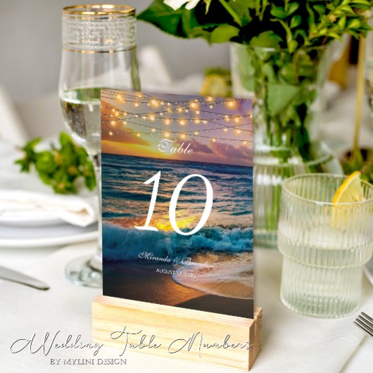 Elegante Sonnenuntergang Beach Lights Summer Weddi Tischnummer