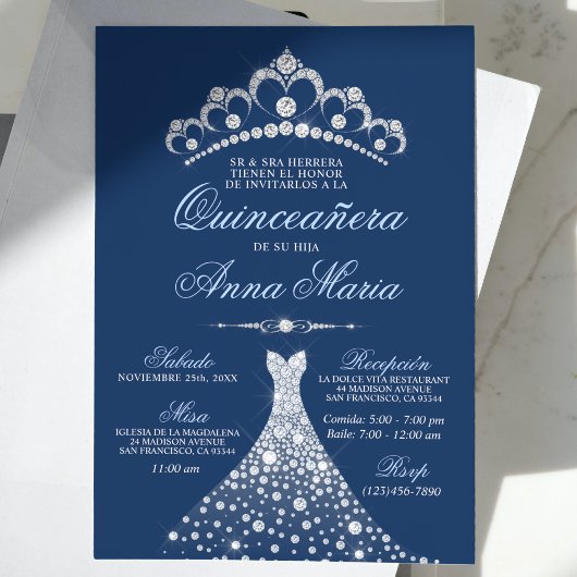 Elegante Spanisch Quinceañera Mis Quince Navy Blau Einladung
