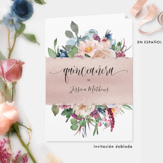 Elegante Spanische Rose Gold Quinceñera geklappt Einladung