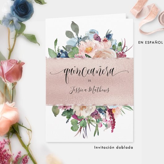 Elegante Spanische Rose Gold Quinceñera geklappt Einladung
