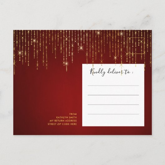 Elegante Sparkling Gold String Lights Hochzeit Einladungspostkarte (Rückseite)