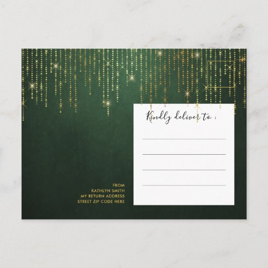 Elegante Sparkling Gold String Lights Hochzeit Einladungspostkarte (Rückseite)
