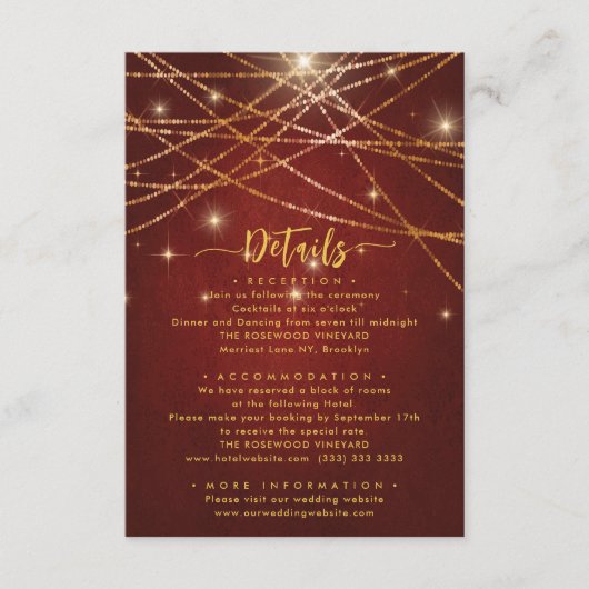 Elegante Sparkling String Lights Hochzeitdetails Begleitkarte (Vorderseite)