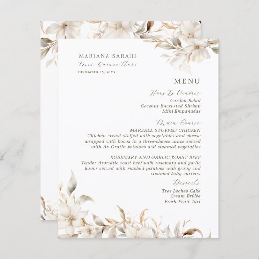 Elegante Speisekarte mit weißer Blüte in Quinceane (Vorne/Hinten)