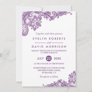 Elegante Spitze Lavendel Lila Weiße Hochzeit Einladung