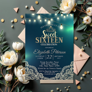 Elegante Spitze, Lichter, Tiara, Sweet 16 Party Einladung