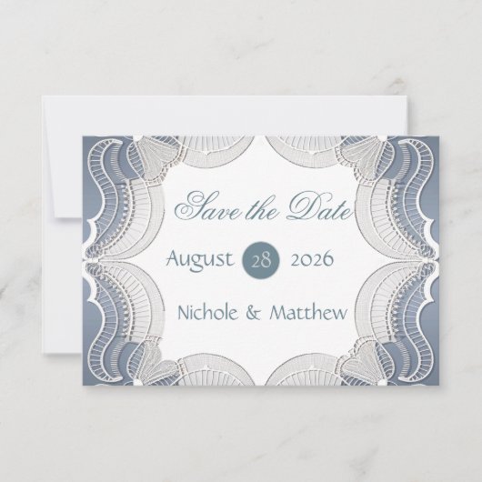 Elegante Spitzen auf blauer Hochzeit Speichern Sie (Vorderseite)