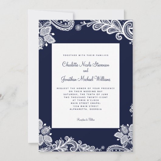 Elegante Spitzen Hochzeit Custom Foto Navy Blue Wh Einladung (Vorderseite)