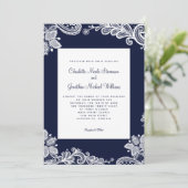 Elegante Spitzen Hochzeit Custom Foto Navy Blue Wh Einladung (Stehend Vorderseite)