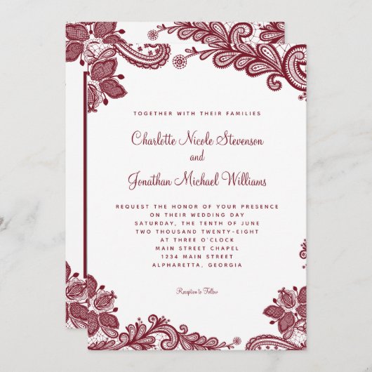 Elegante Spitzen-Hochzeit Custom Foto Red White Ch Einladung (Vorne/Hinten)