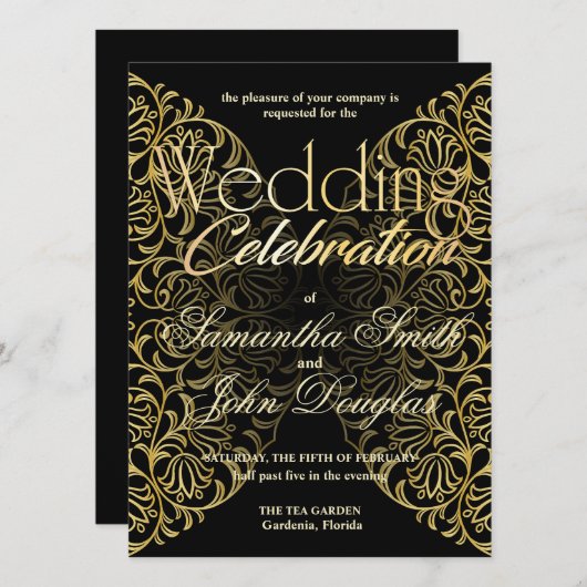 Elegante Spitzen Schwarz & Gold Moderne Minimalist Einladung (Vorne/Hinten)