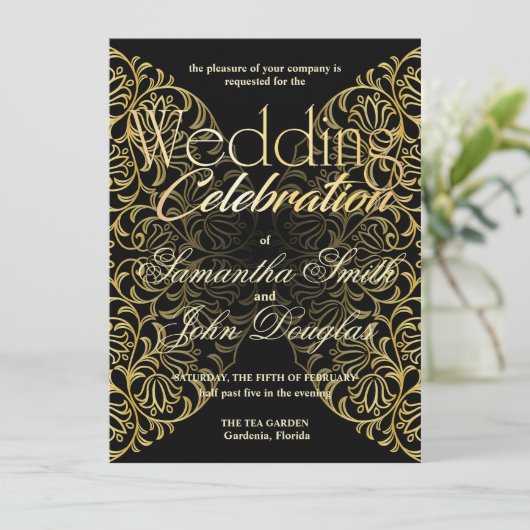 Elegante Spitzen Schwarz & Gold Moderne Minimalist Einladung (Stehend Vorderseite)