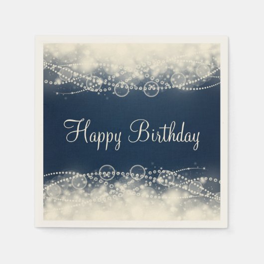 Elegante Spitzen und Perlen auf Blue Happy Birthda Serviette (Vorderseite)