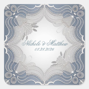 Elegante Spitzenhochzeit auf blauem Gradienten Quadratischer Aufkleber
