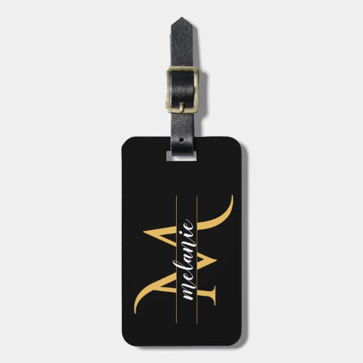 Elegante Split Monogram Gold Black Custom Address Gepäckanhänger (Vorderseite vertikal)