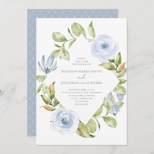 Elegante Spring Floral Diamond Dusty Blue Wedding Einladung (Vorne/Hinten)