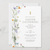 Elegante Spring Florals Gold Cross Oster Ansammlun Einladung (Vorderseite)