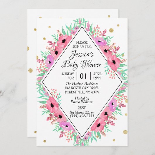 Elegante Spring Watercolor Blütendusche Einladung (Vorne/Hinten)