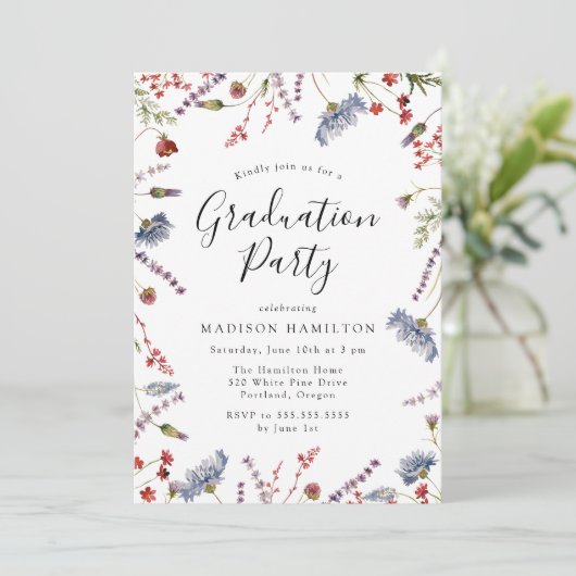 Elegante Spring Wildblumen Foto Graduation Party Einladung (Stehend Vorderseite)