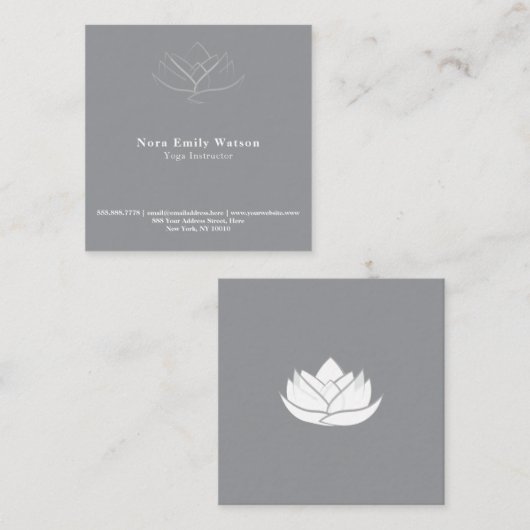 Elegante Square Gray and White Lotus Blume Quadratische Visitenkarte (Vorne/Hinten)