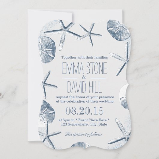 Elegante Starfish & Sand Dollar Beach Hochzeit Einladung (Vorderseite)