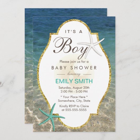 Elegante Starfish Tropical Beach Boy Baby Dusche Einladung (Vorne/Hinten)
