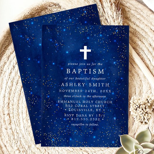 Elegante Starry Night mit Cross Baptisse Einladung