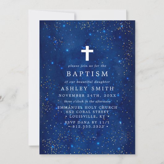 Elegante Starry Night mit Cross Baptisse Einladung (Vorderseite)